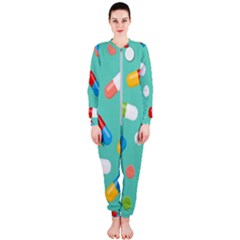 Pills Medicines Seamless Pattern Blue Background Onepiece Jumpsuit (ladies) 