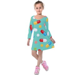 Pills Medicines Seamless Pattern Blue Background Kids  Long Sleeve Velvet Dress