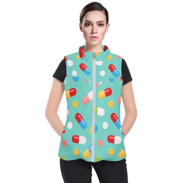 Pills Medicines Seamless Pattern Blue Background Women s Puffer Vest