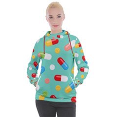 Pills Medicines Seamless Pattern Blue Background Women s Hooded Pullover