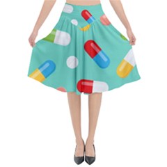 Pills Medicines Seamless Pattern Blue Background Flared Midi Skirt