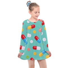 Pills Medicines Seamless Pattern Blue Background Kids  Long Sleeve Dress