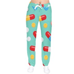 Pills Medicines Seamless Pattern Blue Background Women Velvet Drawstring Pants