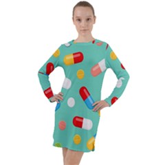 Pills Medicines Seamless Pattern Blue Background Long Sleeve Hoodie Dress