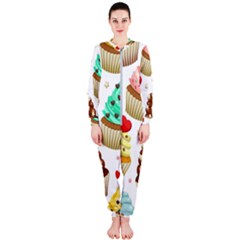 Seamless Pattern Yummy Colored Cupcakes Onepiece Jumpsuit (ladies) 