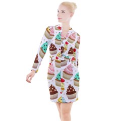 Seamless Pattern Yummy Colored Cupcakes Button Long Sleeve Dress by Nexatart