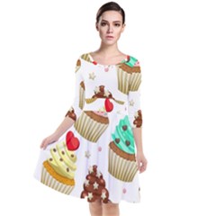 Seamless Pattern Yummy Colored Cupcakes Quarter Sleeve Waist Band Dress by Nexatart