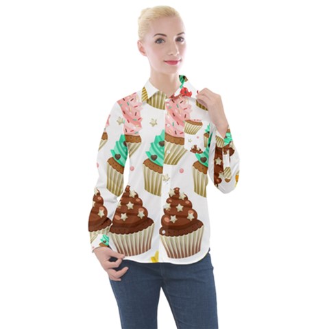 Seamless Pattern Yummy Colored Cupcakes Women s Long Sleeve Pocket Shirt by Nexatart