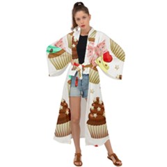 Seamless Pattern Yummy Colored Cupcakes Maxi Kimono