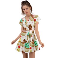 Seamless Pattern Yummy Colored Cupcakes Flutter Sleeve Wrap Dress by Nexatart