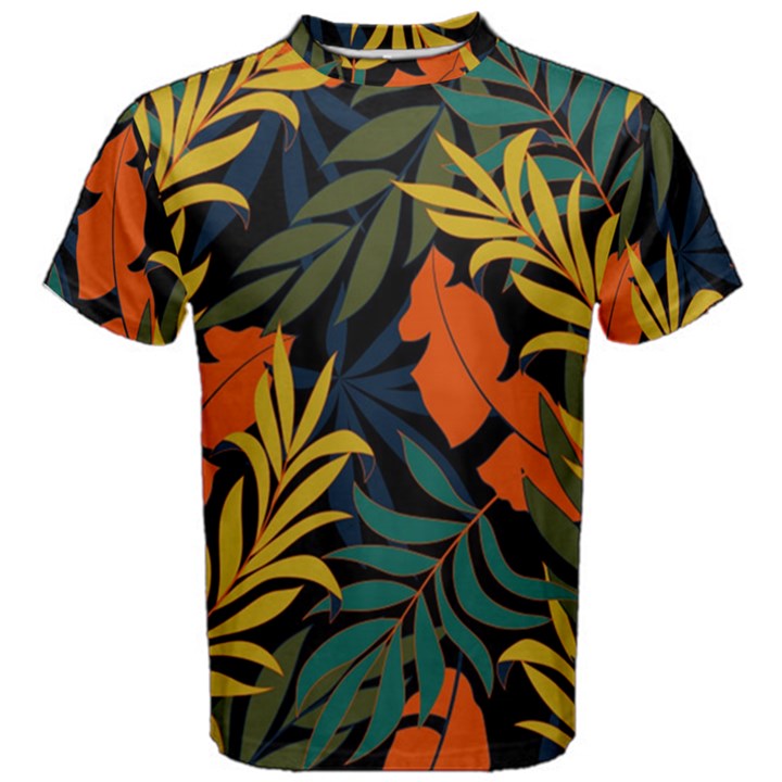 Fashionable Seamless Tropical Pattern With Bright Green Blue Plants Leaves Men s Cotton Tee