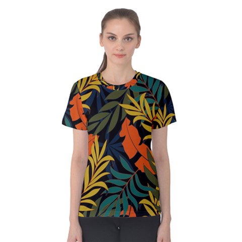 Fashionable Seamless Tropical Pattern With Bright Green Blue Plants Leaves Women s Cotton Tee by Nexatart