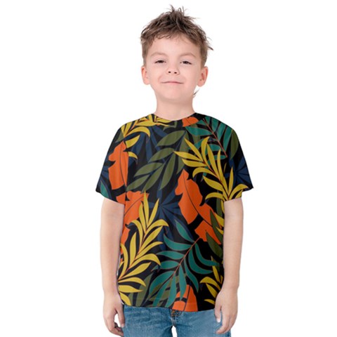 Fashionable Seamless Tropical Pattern With Bright Green Blue Plants Leaves Kids  Cotton Tee by Nexatart