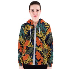 Fashionable Seamless Tropical Pattern With Bright Green Blue Plants Leaves Women s Zipper Hoodie