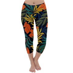 Fashionable Seamless Tropical Pattern With Bright Green Blue Plants Leaves Capri Winter Leggings 