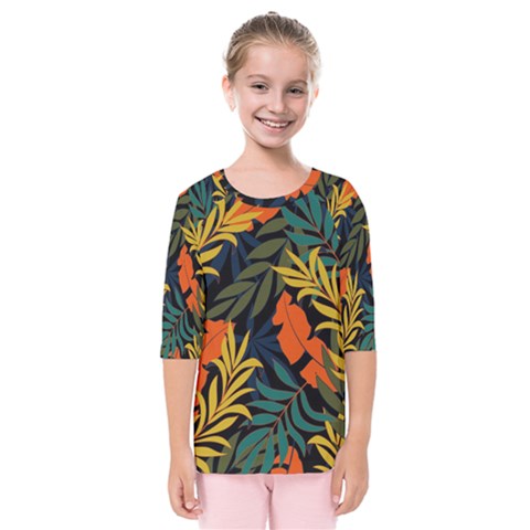 Fashionable Seamless Tropical Pattern With Bright Green Blue Plants Leaves Kids  Quarter Sleeve Raglan Tee by Nexatart