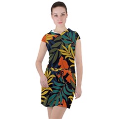 Fashionable Seamless Tropical Pattern With Bright Green Blue Plants Leaves Drawstring Hooded Dress by Nexatart