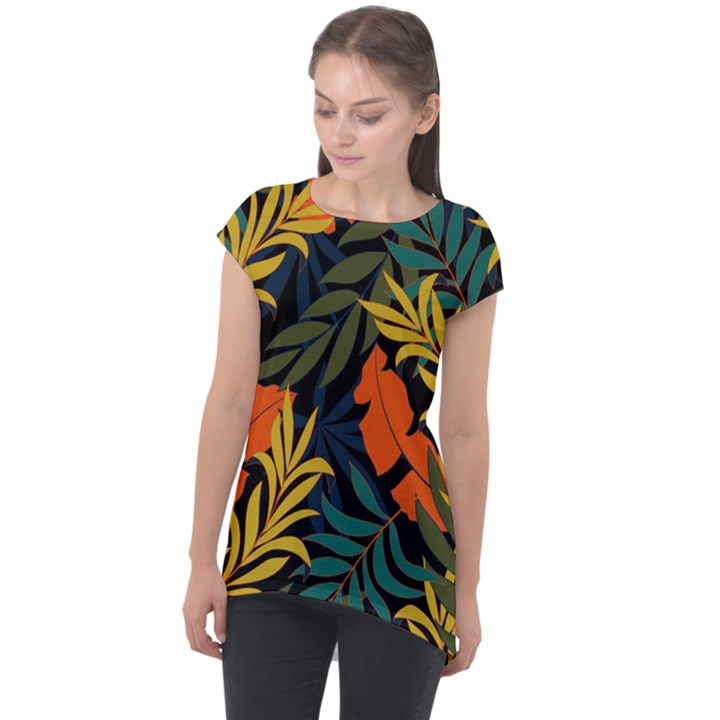 Fashionable Seamless Tropical Pattern With Bright Green Blue Plants Leaves Cap Sleeve High Low Top