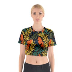 Fashionable Seamless Tropical Pattern With Bright Green Blue Plants Leaves Cotton Crop Top by Nexatart