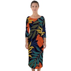 Fashionable Seamless Tropical Pattern With Bright Green Blue Plants Leaves Quarter Sleeve Midi Bodycon Dress by Nexatart