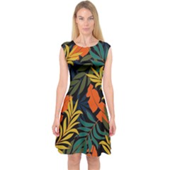 Fashionable Seamless Tropical Pattern With Bright Green Blue Plants Leaves Capsleeve Midi Dress by Nexatart