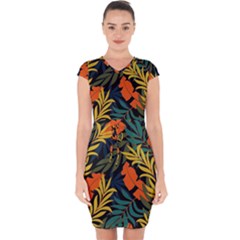 Fashionable Seamless Tropical Pattern With Bright Green Blue Plants Leaves Capsleeve Drawstring Dress  by Nexatart