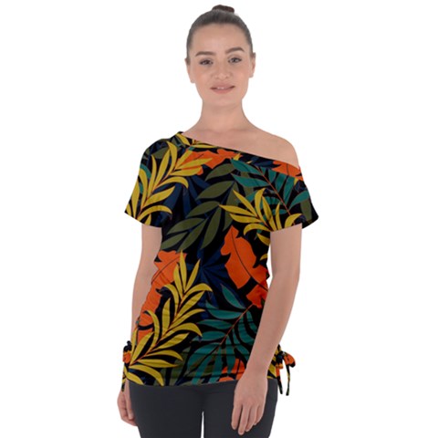 Fashionable Seamless Tropical Pattern With Bright Green Blue Plants Leaves Tie-up Tee by Nexatart