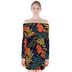 Fashionable Seamless Tropical Pattern With Bright Green Blue Plants Leaves Long Sleeve Off Shoulder Dress by Nexatart