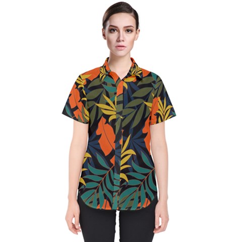 Fashionable Seamless Tropical Pattern With Bright Green Blue Plants Leaves Women s Short Sleeve Shirt by Nexatart