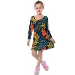 Fashionable Seamless Tropical Pattern With Bright Green Blue Plants Leaves Kids  Long Sleeve Velvet Dress