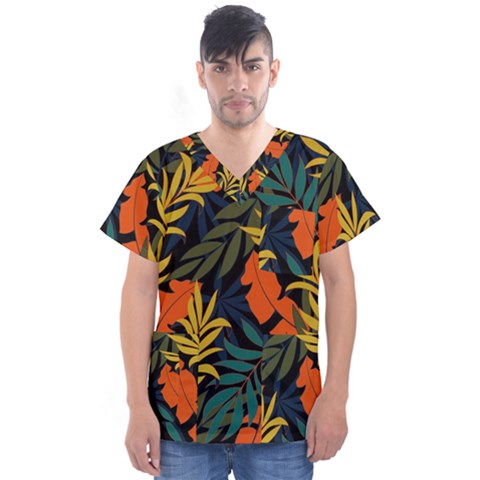 Fashionable Seamless Tropical Pattern With Bright Green Blue Plants Leaves Men s V-neck Scrub Top by Nexatart