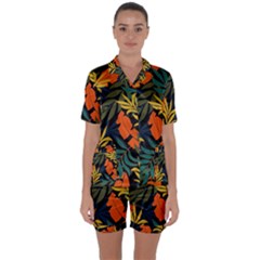 Fashionable Seamless Tropical Pattern With Bright Green Blue Plants Leaves Satin Short Sleeve Pyjamas Set by Nexatart