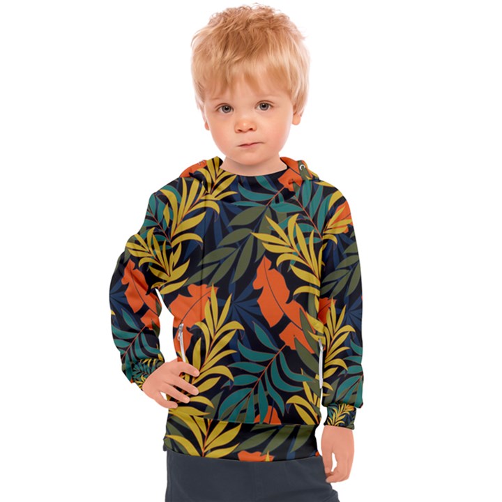 Fashionable Seamless Tropical Pattern With Bright Green Blue Plants Leaves Kids  Hooded Pullover