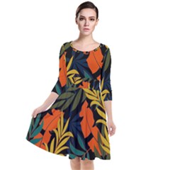 Fashionable Seamless Tropical Pattern With Bright Green Blue Plants Leaves Quarter Sleeve Waist Band Dress by Nexatart