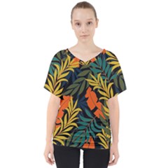 Fashionable Seamless Tropical Pattern With Bright Green Blue Plants Leaves V-neck Dolman Drape Top by Nexatart