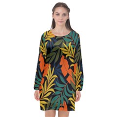 Fashionable Seamless Tropical Pattern With Bright Green Blue Plants Leaves Long Sleeve Chiffon Shift Dress  by Nexatart