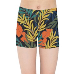 Fashionable Seamless Tropical Pattern With Bright Green Blue Plants Leaves Kids  Sports Shorts by Nexatart