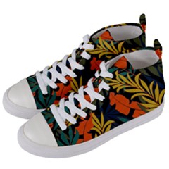 Fashionable Seamless Tropical Pattern With Bright Green Blue Plants Leaves Women s Mid-top Canvas Sneakers by Nexatart