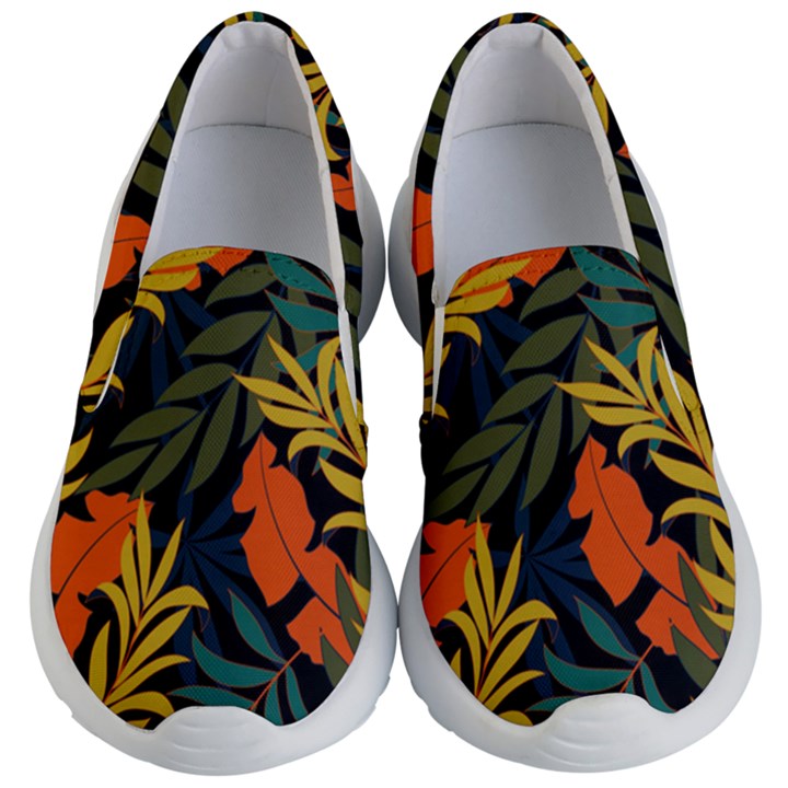 Fashionable Seamless Tropical Pattern With Bright Green Blue Plants Leaves Kids Lightweight Slip Ons