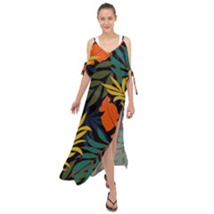 Fashionable Seamless Tropical Pattern With Bright Green Blue Plants Leaves Maxi Chiffon Cover Up Dress by Nexatart