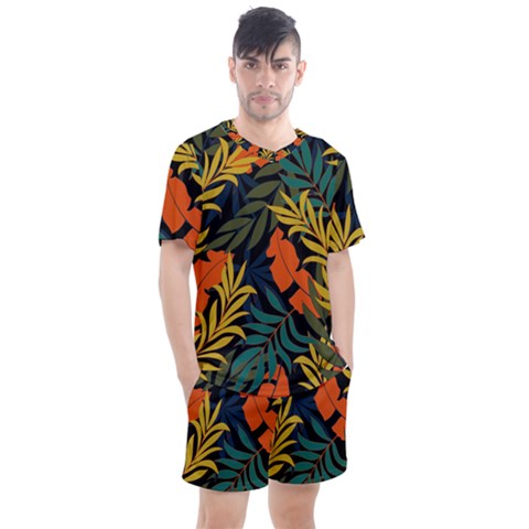 Fashionable Seamless Tropical Pattern With Bright Green Blue Plants Leaves Men s Mesh Tee And Shorts Set by Nexatart