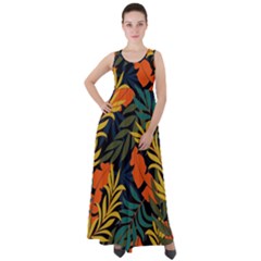 Fashionable Seamless Tropical Pattern With Bright Green Blue Plants Leaves Empire Waist Velour Maxi Dress