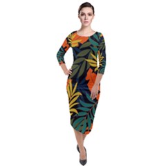 Fashionable Seamless Tropical Pattern With Bright Green Blue Plants Leaves Quarter Sleeve Midi Velour Bodycon Dress by Nexatart