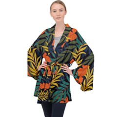 Fashionable Seamless Tropical Pattern With Bright Green Blue Plants Leaves Long Sleeve Velvet Kimono  by Nexatart