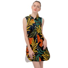 Fashionable Seamless Tropical Pattern With Bright Green Blue Plants Leaves Sleeveless Shirt Dress by Nexatart