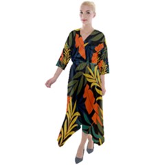 Fashionable Seamless Tropical Pattern With Bright Green Blue Plants Leaves Quarter Sleeve Wrap Front Maxi Dress by Nexatart