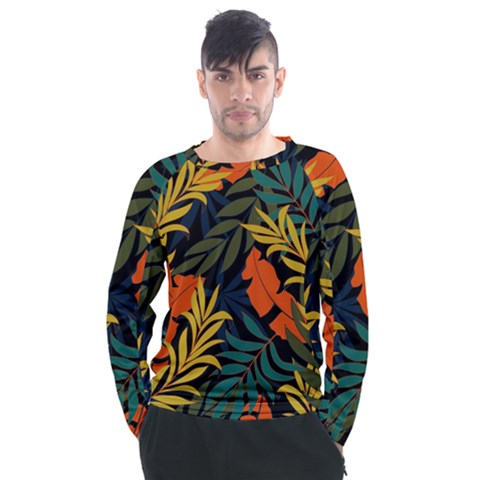 Fashionable Seamless Tropical Pattern With Bright Green Blue Plants Leaves Men s Long Sleeve Raglan Tee by Nexatart