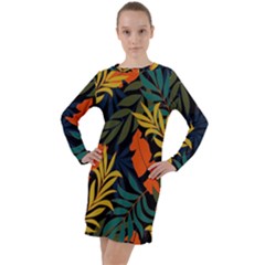 Fashionable Seamless Tropical Pattern With Bright Green Blue Plants Leaves Long Sleeve Hoodie Dress