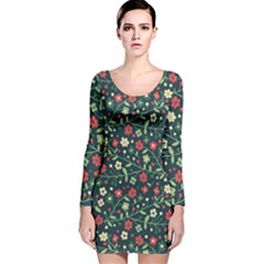 Flowering Branches Seamless Pattern Long Sleeve Velvet Bodycon Dress