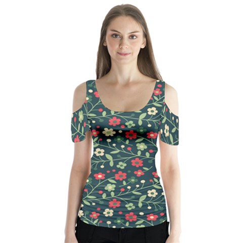 Flowering Branches Seamless Pattern Butterfly Sleeve Cutout Tee  by Nexatart